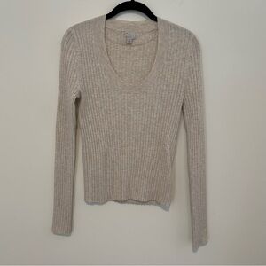 Oatmeal Cream Ribbed Scoop Neck Sweater